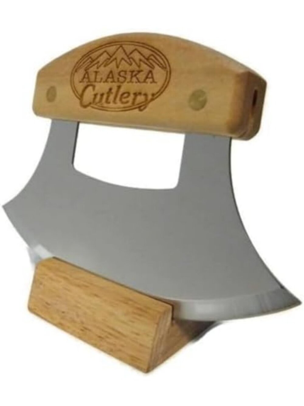 Alaska Birch Ulu Knife with 6" Stainless Steel Blade & Wooden Block Stand